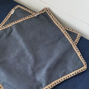 Blue Pillow Covers with tan crochet trim